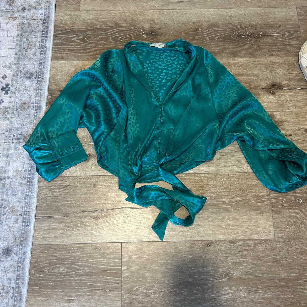 Dress Forum Teal Satin Tie-Front Blouse